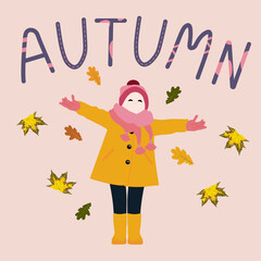 Vector stock illustration of a girl with dry leaves. Warm hat and scarf, rubber boots. Autumn greetings cards perfect for prints,flyers,banners,invitations,promotions and more.