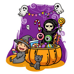 Halloween kids costume party isolate on white background.