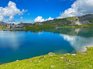 Summer and winter sports and recreational resort Melchsee-Frutt on the shores of Lake Melchsee,...