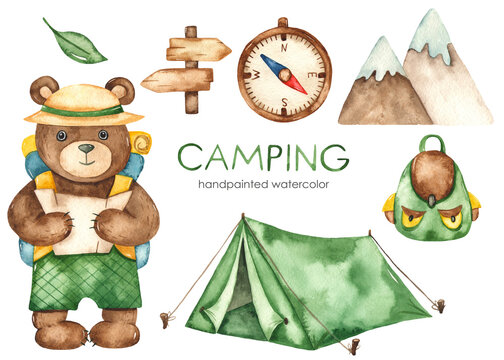 Camping watercolor set with cute bear traveler, tent, pointer, compass, backpack