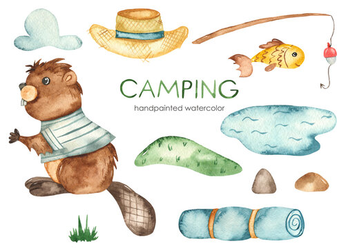 Camping watercolor set with cute beaver, fishing rod, pond, fish, hat, hill