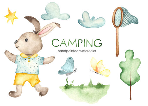 Camping watercolor set with rabbit, butterfly net, butterflies, tree, clouds