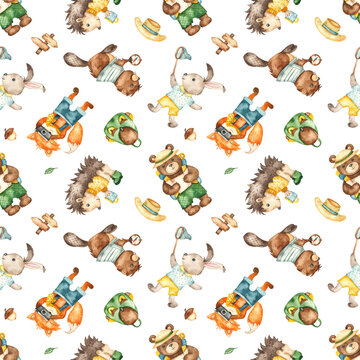 Camping watercolor seamless pattern with animals, fox, hedgehog, beaver, bear, rabbit on white background