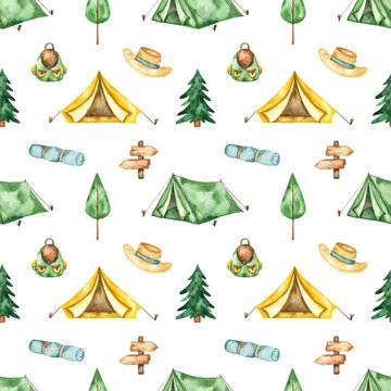 Camping watercolor seamless pattern with tent, fir tree, backpack, pointer, rug on white background