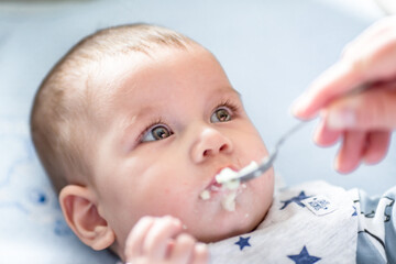 Mother feeding hungry five month old funny baby with silver spoon and solid food for first time. Beagle dog watching curiously.
