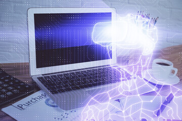 Computer on desktop with AR theme icon. Multi exposure. Concept of augmented reality.