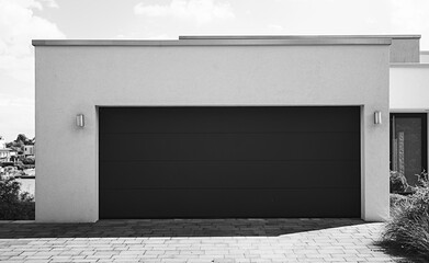 clear and simple designed minimalistic modern garage nearby a famiy house, view from public ground