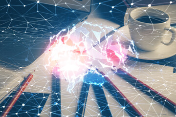 Double exposure of desktop computer and human brain drawing hologram. Ai concept.