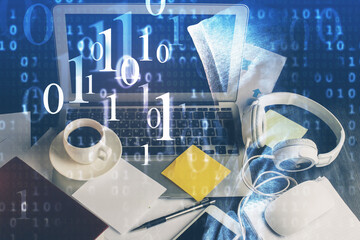 Double exposure of desktop with computer on background and tech theme drawing. Concept of big data.