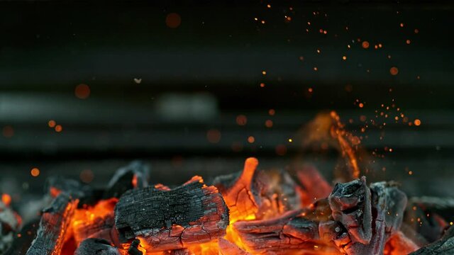 Black charcoal in bonfire, super slow motion shooting on high speed camera at 1000fps