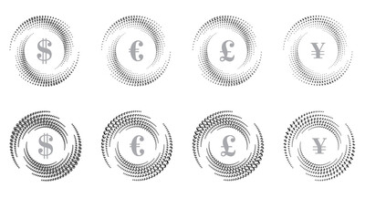 Halftone dollar and yuan sign in circle form. Round logo or icon. Vector frame as design element.