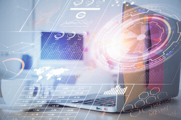 Multi exposure of desktop computer and technology theme hologram. Concept of software development.