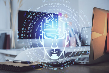 Double exposure of work space with computer and human brain drawing hologram. Brainstorm concept.
