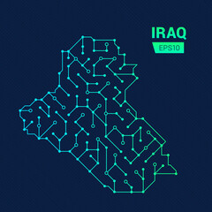 Abstract futuristic map of Iraq. Electric circuit of the country. Technology background.