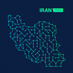 Abstract futuristic map of Iran. Electric circuit of the country. Technology background.