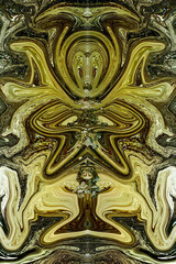 Ilustración de una fuente de agua con influencias del Art Nouveau en tonos amarillos, verde aceituna y grises.