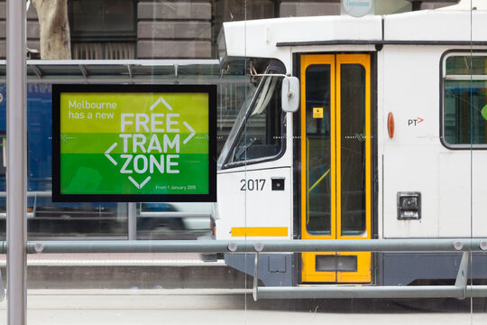 Melbourne, Australia - Aug 29, 2015: Free tram zone sign in a tram station in downtown Melbourne, Australia. Travel on trams within this zone is free.