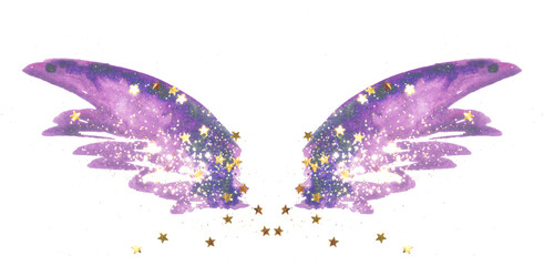 Glitter and glittering stars on abstract purple watercolor wings in vintage nostalgic colors on white background