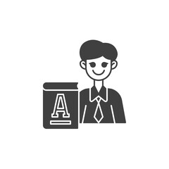 Primary school teacher vector icon. filled flat sign for mobile concept and web design. Man teacher with alphabet book glyph icon. Symbol, logo illustration. Vector graphics