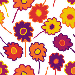 Seamless vector pattern of ornamental lined abstract flowers on white background