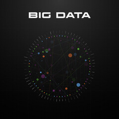 Big data visualization. Circular visualization of algorithms with multicolored line connections and dots on dark background with grid. Design for business, science, technology. Vector