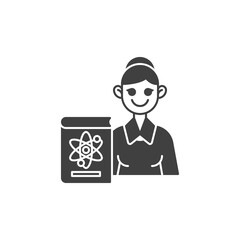 Physics teacher vector icon. filled flat sign for mobile concept and web design. Woman teacher with physics book glyph icon. Symbol, logo illustration. Vector graphics