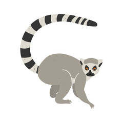 Cute funny lemur on an isolated white background. Vector stock illustration. Hand-drawn illustration, poster. Cartoon style, flat design with textured effect. Exotic animal primate, monkey.