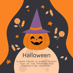 Illustration with decorations in Halloween. Poster of pumpkin and Halloween candy.