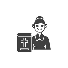 Religious teacher vector icon. filled flat sign for mobile concept and web design. Woman teacher with bible book glyph icon. Symbol, logo illustration. Vector graphics