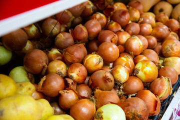 Closeup of fresh ripe onion on market counter, onion background..