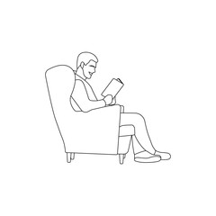 Fototapeta na wymiar Young man sitting on sofa and reading book line art. Studying concept. Male student linear icon. Home activity. Living room. Modern lifestyle. Comfortable and cozy couch sign - Vector illustration.