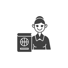 Basketball coach teacher vector icon. filled flat sign for mobile concept and web design. Woman teacher with basketball book glyph icon. Symbol, logo illustration. Vector graphics