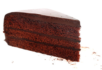 Brown chocolate cake slice on white background.