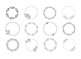 Hand drawn floral frames. Vector wedding design. Ornate wreaths with leaves and flowers. - 374269319