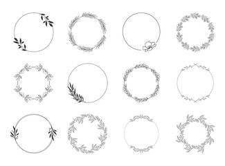Set of floral circle frames and wreaths. Elegant botanical borders. Wedding design elements. Vector isolated illustration.