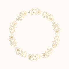 Golden wreath with flowers and leaves. Vector isolated illustration.