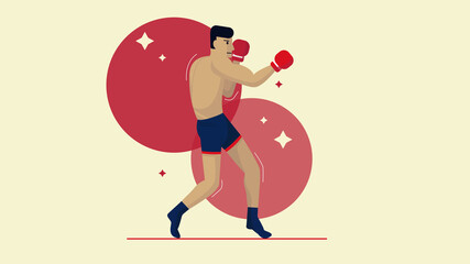flat illlustration of a human, sportsman, atlete, boxer with a neutral background and red circles, bright style, sport, action, pose, boxing, workout