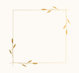 Squared frame with nature elements. Hand drawn  golden borders. Card template with plants. Vector isolated illustration. - 374269385