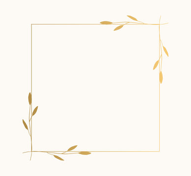 Squared frame with nature elements. Hand drawn  golden borders. Card template with plants. Vector isolated illustration.