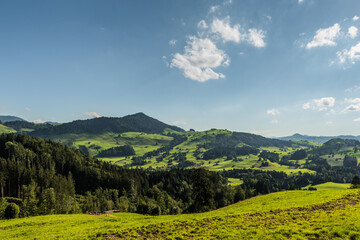 Bergige Landschaft im Appenzellerland, grüne Wiesen und Weideflächen, Kanton Appenzell-Innerrhoden, Schweiz