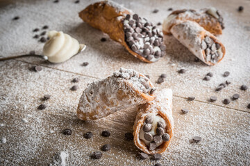Sicilian cannoli with chocolate drops