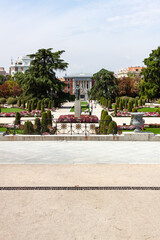 Obraz premium Beautiful Park with a lot of green trees and bushes in Madrid, Span in September during the sunny day