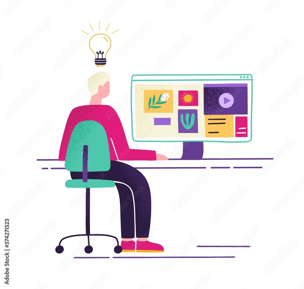 Poster male sit at desk with computer and watching pictures, videos or sites in internet vector flat illust