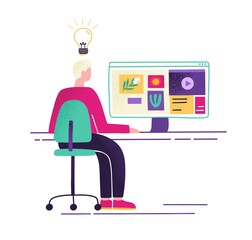 Male sit at desk with computer and watching pictures, videos or sites in internet vector flat illustration. Man with creativity and imagination looking ideas online isolated. Guy generating content