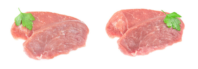 Сollage slice of raw pork meat isolated on white background. schnitzel. steak. meat tenderloin