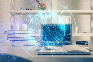 Multi exposure of business theme icons and table with computer background. Concept of success.