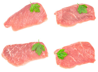 Сollage slice of raw pork meat isolated on white background. schnitzel. steak. meat tenderloin