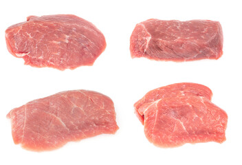 Сollage slice of raw pork meat isolated on white background. schnitzel. steak. meat tenderloin