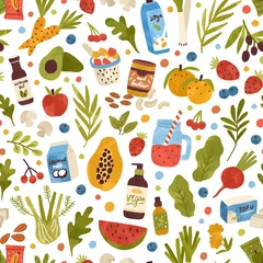 Bunte handgezeichnete vegane Speisen, Getränke und Kräuter nahtloses Muster. Flache Illustration des Gemüse-, Obst-, Beeren-, Kosmetik- und Getränkevektors. Bio-Ernährungs- und Pflegeprodukte für den Öko-Lifestyle © Good Studio