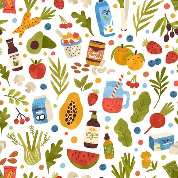 Colorful hand drawn vegan food, drink and herbs seamless pattern. Vegetables, fruits, berries, cosmetics and beverage vector flat illustration. Bio nutrition and care products for eco lifestyle